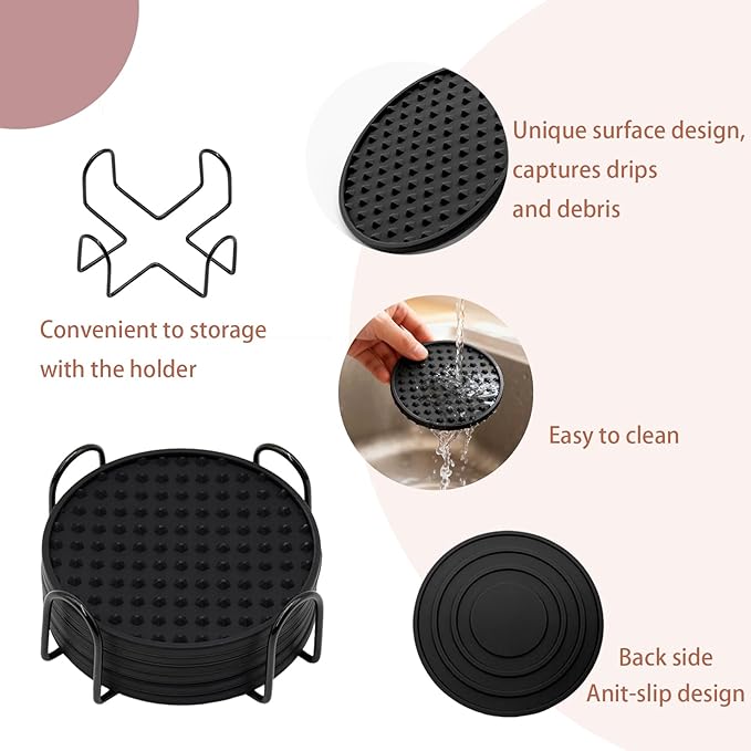 Set of 6 Silicone Coasters, 4'' Drink Coaster with Holder, Round Coasters for Drinks Beer Coffee Home Office Bar Desk Tabletop Protection, Non-Slip Rubber Coaster (Black, 6 Pcs-Metal Holder)