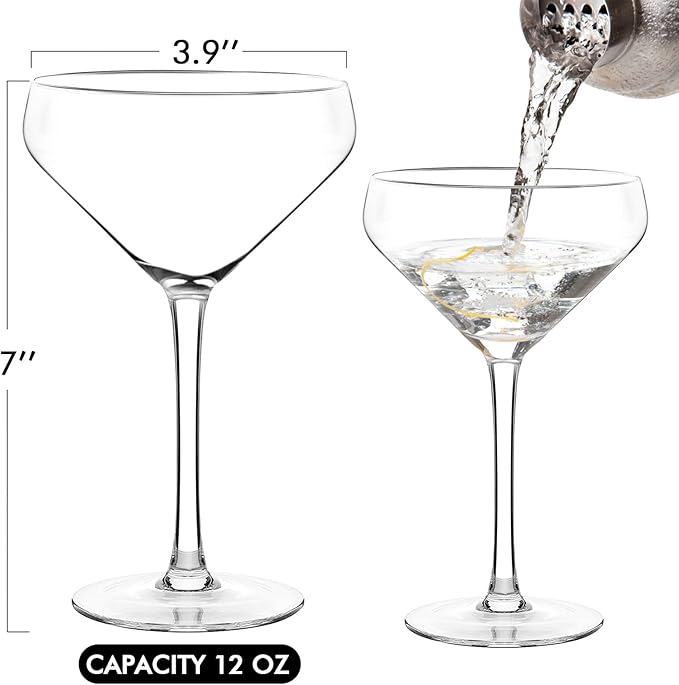 Chouggo Coupe Cocktail Glasses Set of 4, Hand Blown Premium Crystal Martini Glasses for Bar, Martini, Cosmopolitan, Manhattan, Gimlet, Pisco Sour - 12Oz, Clear