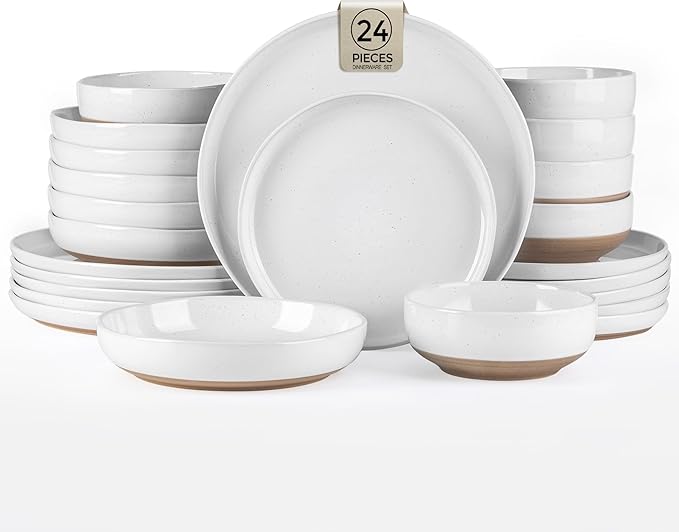 AmorArc Ceramic Dinnerware Sets with Pasta Bowls for 6, Handpainted Plates and Bowls Set with Rustic Terracotta Underside, Scratch Resistant Dishes Set, Dishwasher & Microwave Safe, 24 Pcs