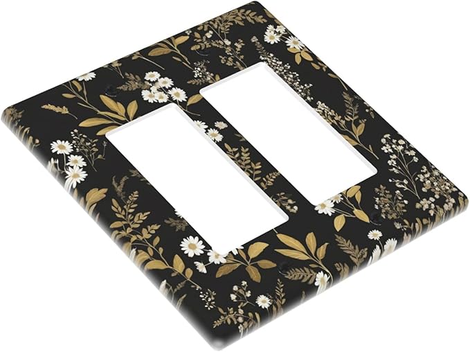 Outlet Covers Black/Gold Boho Botanical Floral Rustic Flowers 2 Gang Light Switch Cover Double Rocker Wall Plate Decorative GFCI Receptacle Electrical Switchplate for Bathroom Kitchen（2 Pack）