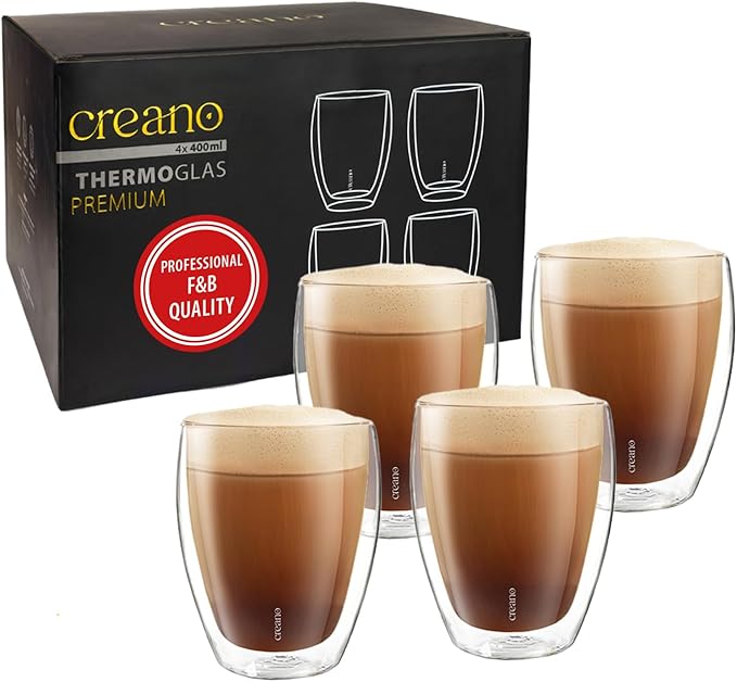 Creano Premium Double-Walled Drinking Glasses 12.5oz / 400 ml - Set of 4 - Professional Quality - 100% Dishwasher Safe (4x 12.5oz)