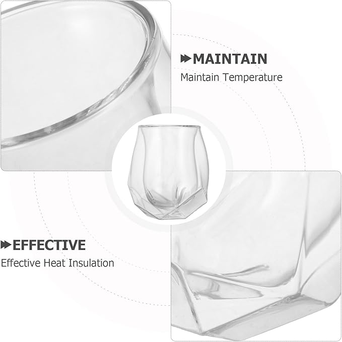 Double Layer Insulated Whiskey Glass with Unique Pentagonal Base, Small European Style Ribbed Glassware for Home Bars and Friendsgiving Cocktails
