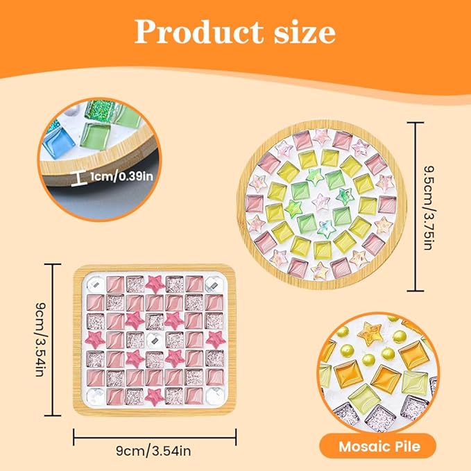Airsnigi 10 Set DIY Mosaic Tiles for Crafts Mixed Color Mosaic Kits with Wooden Coasters Handmade Glass Coasters Crafts Set for Adult Creative Handmade Home Decoration Christmas Gift