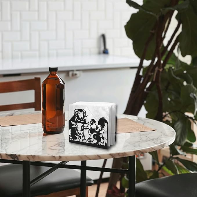 Farm Animals Decorative Black Metal Napkin Holder for Table, 5.3" x 4.5" x 2" Pig Sheep Chickens Cow Standing Napkin Holder for Home Kitchen Restaurant Picnic Party Coffee Bar Dining Room