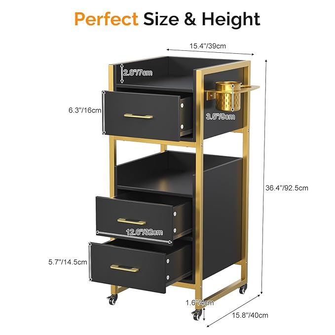 OmySalon Salon Trolley Cart, Hair Styling Station with 3 Drawers, 2 Open Shelf & Tool Holders, Mobile Barber Storage Cabinet Utility Trolley for Beauty Salon Spa,Black