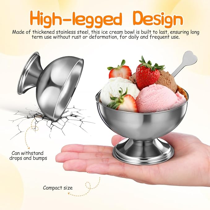 Totority Stainless Steel Ice Cream Bowls 4 Set – Footed Dessert Cups for Sundae, Yogurt, Pudding, Fruit Salad, Snacks Stackable Serving Dishes for Home Parties Restaurants with Modern Polished Look