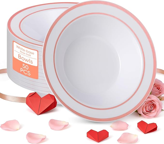 50pc Deep Bowl With White ground And Double Rose Gold Edges, 12oz,Disposable Soup Bowls,Disposable Soup Dessert Salad Bowls for Wedding/Party/Catered Events/Valentine's Day