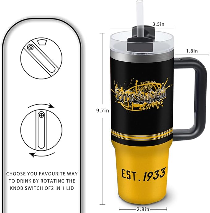 Pittsburgh 30 oz Tumbler with Handle and Straw,Car cup,Coffee Mug,100% Leakproof Insulated Tumbler with Lid and Straw,Made of Stainless Steel,Cup Holder Friendly Base,Classic Collection Gifts for Fans