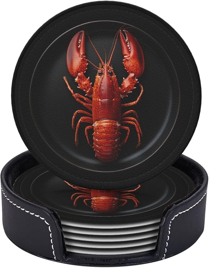 Lobster red Printed Leather Coasters for Drinks, Set of 6 Drink Coaster Dining Room Decor Cup Coasters