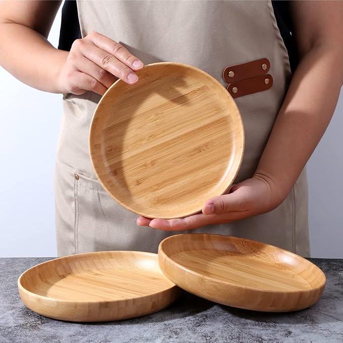 Bamboo Plates 7.5Inch Round Bamboo Plates Reusable Dinner Plates Tableware Set of 6 Wooden Plate Lightweight Dishes Snack, Dessert, Unbreakable Classic Plate