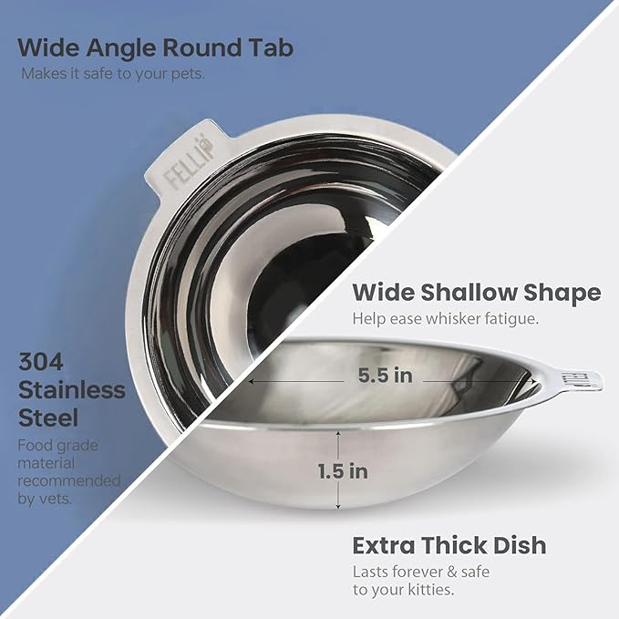 Felli Pet Oblik Whisker Fatigue Cat Food Bowl Raised Stainless Steel Shallow Dish, Pet Design Anti Vomit Tilted Metal Plate Feeder Elevated Acrylic Base (Shadow, 0.5 Cups Shallow Dish)