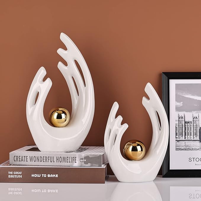 12" H White Gold Aesthetic Room Decor Accent, TV Stand Funky Table Centerpiece, Abstract Art Ceramic Statue and Sculpture, White Decor for Living Room, Bookshelf Decorative Objects, Shelf Decor