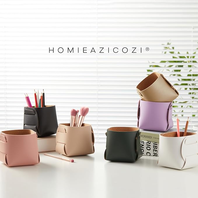 HOMIEAZICOZI 2-Pack Cork Leather Desk Accessories Storage - Pencil Pen Holder - Makeup Brush Holder Organizer - Stylish Addition to Home Decor (Orange)