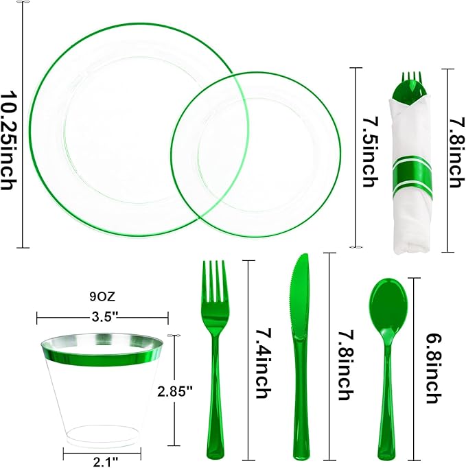 SUT 175 Pcs Green and Clear Plastic Dinnerware Set for 25 Guests, Include: 25 Dinner Plates, 25 Dessert Plates, 25 Pre Rolled Napkins With Silverware, 25 Cups, Disposable Plates for Party