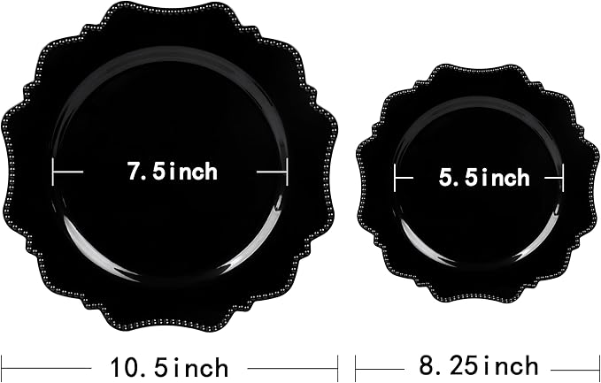 COLOSUS 100pcs Black Plastic Plates - Heavy Duty Black Plastic Plates Disposable for Party/wedding/New Year Include 50pcs Dinner Plates and 50pcs Dessert Plates.