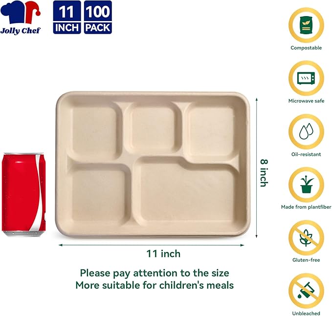 JOLLY CHEF Compostable 𝟱 Compartment 𝟭𝟭 * 𝟴 𝗶𝗻𝗰𝗵 Paper Plates [𝟭𝟬𝟬 𝗣𝗮𝗰𝗸] Heavy Duty Small Natural Divided Eco-Friendly Biodegradable Food Trays for Party Lunch Dinner Christmas