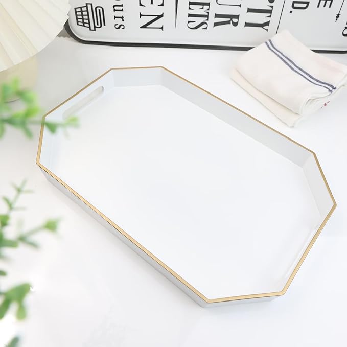 White Decorative Tray with Handles, Octagon Versatile Serving Tray for Coffee Table, Ottoman, Ideal for Serving, Displaying, Organizing