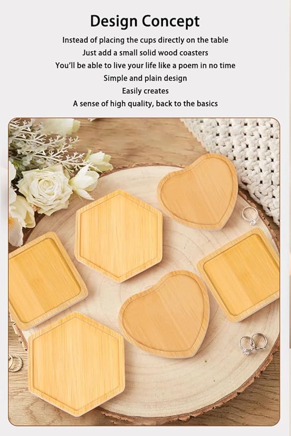 Wood Coasters Set of 4 - Handcrafted Drink Coaster Thick Heat-Resistant for Office, Bar, Farmhouse - Natural Bamboo Drink Cup Coasters for Table Protection