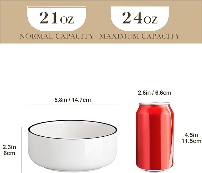 MALACASA 24 OZ Cereal Bowls, Porcelain Soup Oatmeal Bowls Set of 6, White Kitchen Ceramic Serving Bowl wtih Black Rim, Dishwasher Microwave Oven Safe, White, Series LUNA