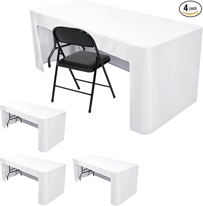 Nasitos 4 Pack White Fitted Table Covers for 4 Foot Rectangular Tables-Open Back Tableclothes Washable and Wrinkle Resistant Table Cloth for Parties, Wedding, Jewelry Shows, Craft Fair, Trade Show
