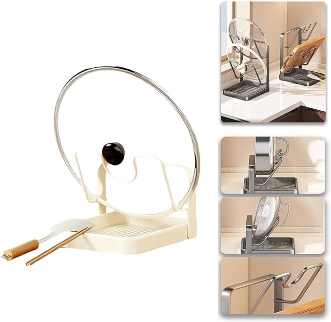 Kitchen Pot Lid Storage Rack, Pot Lid Holder for Countertop, Pot Lid Organizer Rack with Tray, Lid And Spoon Rest, Multifunctional Stand for Stove Top Kitchen Accessories (Beige, Single-layer)