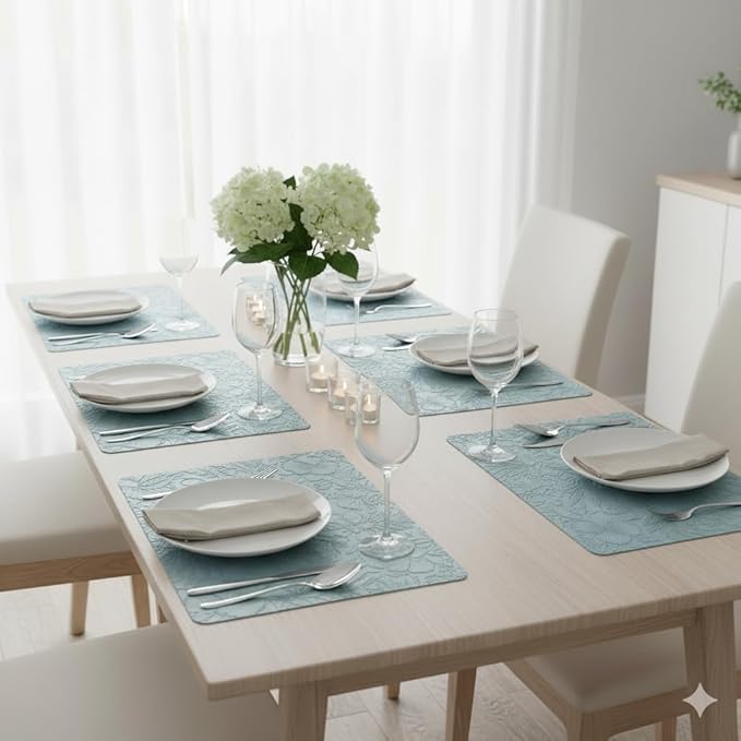 SolaraDawn Faux Leather Table Placemats Set of 6, Washable, Wipeable & Heat-Resistant Table Mats, Waterproof Dining Place Mats with Embossed Texture for Kitchen & Dining, Ice Blue, 17" × 12"