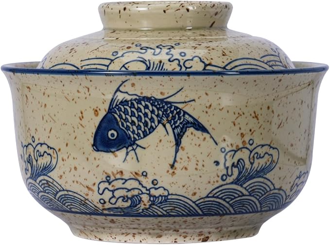8 inch Retro Ceramic Ramen Bowl with Lid,Japanese Style Personalized Dinnerware For Noodle Rice Porridge Soup Fruit Salad (8inch, A)