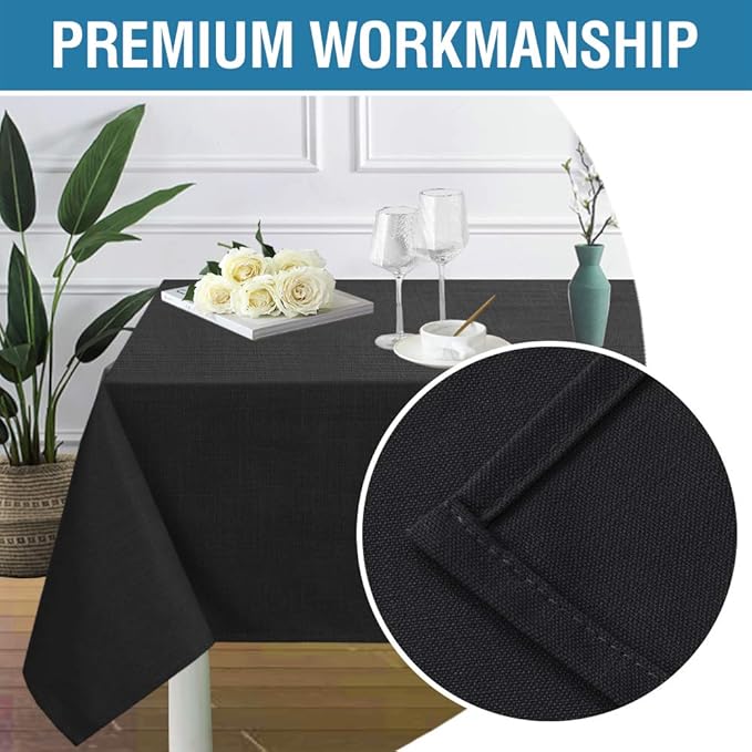 H.VERSAILTEX Linen Textured Table Cloths 60 x 120 Inch Premium Solid Tablecloth Spill-Proof Waterproof Table Cover for Dining Buffet Feature Extra Soft and Thick Fabric Wrinkle Free, Black