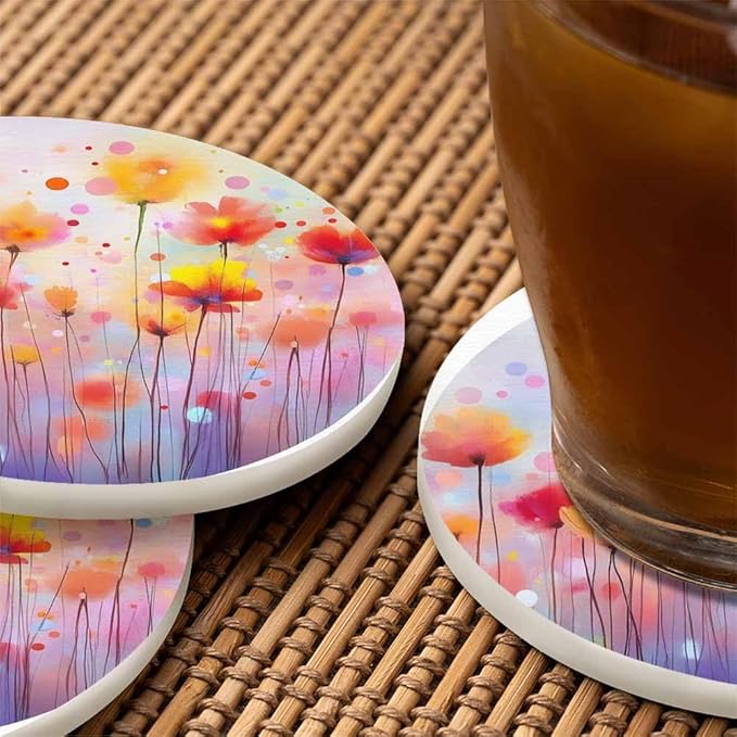 Watercolor Floral Coasters for Drinks Office Coffee Table Spring Flowers Soft Color Purple Pink Poppy Bloom Living Room Decor Set of 2 for Cold Drinks Wine Mugs and Cups 4 Inch
