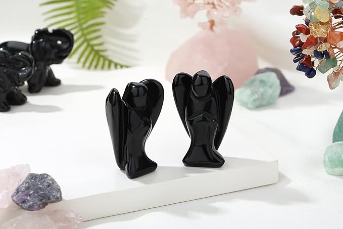 YATOJUZI 2" Black Obsidian Angel Decor Healing Crystals Polished Natural Stone Sculpture Statue Hand Carved Cute Figurines Energy Reiki Home Room Office Desk Decoration Guardian Gifts for Women Men