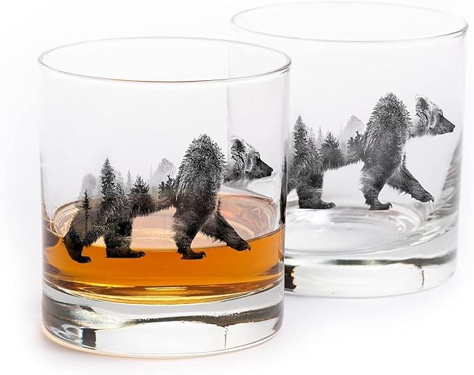 Black Lantern Nature and Animal Themed Whiskey Glass Set – 11oz Premium Heavy Base Glasses – Perfect Gift for Outdoor Enthusiasts – Set of 2 Everyday Drinking Glasses (Double Exposure Bear)