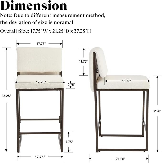 Modern Barstools Set of 2, 26” Upholstered Counter Height Bar Stools Sherpa Fabric Counter Stools with Padded Back Metal Frame for Kitchen Island Dining Room, White