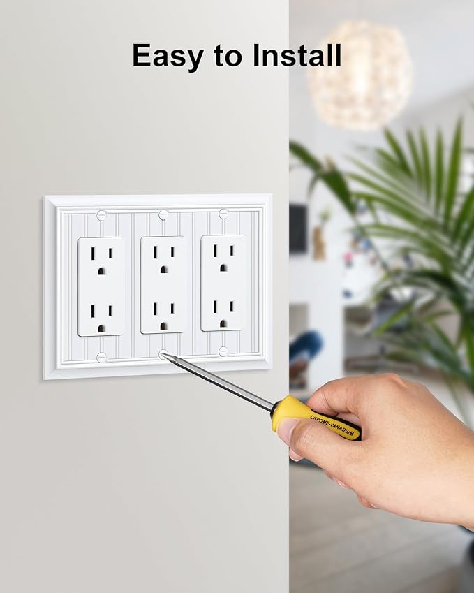 2-Pack Classic Beadboard Decorative Tripple Decorator Outlet Cover Plate, Durable Natural Bamboo Fiber Pure White Wall Plates for Electrical Outlets, Receptacle, GFCI Outlet, Dimmer Switch, 3-Gang