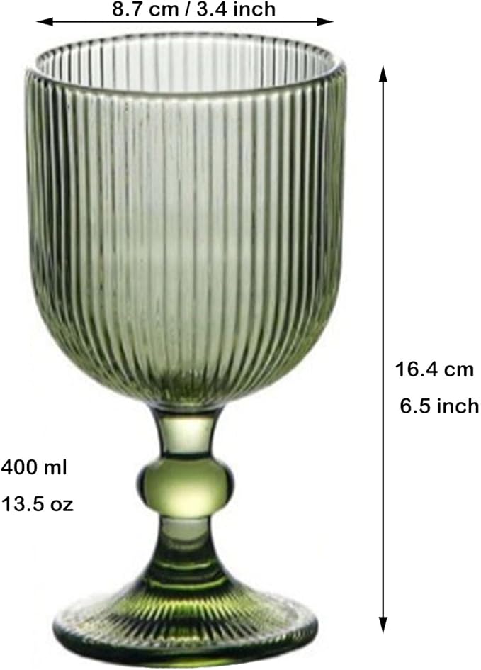 Green Drinking Glasses set of 6 Big Wine Goblets Vintage Colored Glassware 13 oz for Wedding Party Bar Vertical Line Embossed Pattern Stemmed Cups 400ml
