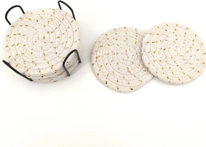 8 Pcs Drink Coasters with Holder, Handwoven Cotton Coasters Set Stackable Absorbent Minimalist Home Decor for Table, Cup, Mug (Golden)
