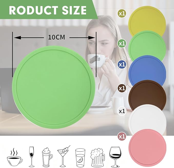 6Pcs Non-Slip Silicone Coasters,Heat Insulation Silicone Drink Cup Mat,Rubber Drink Coaster Protect Table from Scratch Damage