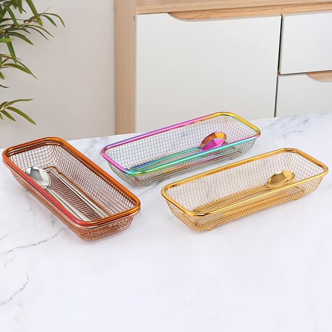 Kitchen Drawer Organizer, Stainless Steel Storage Container Rose Gold Metal Cabinet Storage Basket for Holding Silverware Kitchen Utensil, Pack of 2