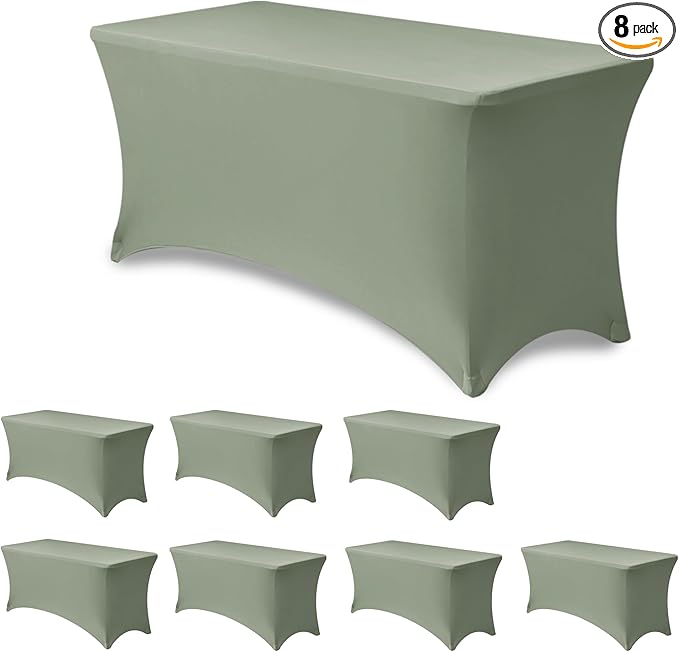 Fitted Table Cover for 4ft Rectangular Tables-8 Pack Sage Stretch Spandex Tablecloths-Elastic Folding Tablecloths for Party, Vendor Booth Display, Banquet Buffet Event, Craft Trade Show