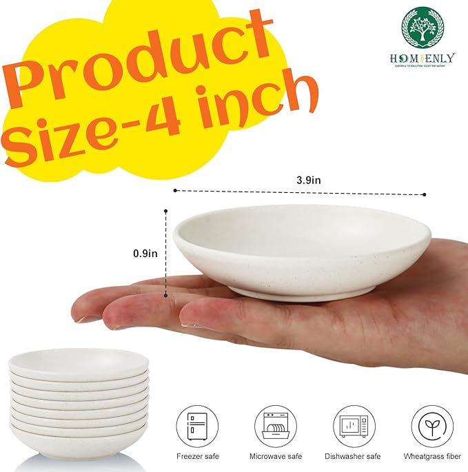 Plastic Dipping Plate Set of 8 - 4 inch Wheat Straw Plates,Soy Sauce Dish,Dipping Bowls,Small Serving Bowls for Side Dishes, Mini Appetizer Plates for Side Dishes,Condiment,BBQ and Party Dinner-White