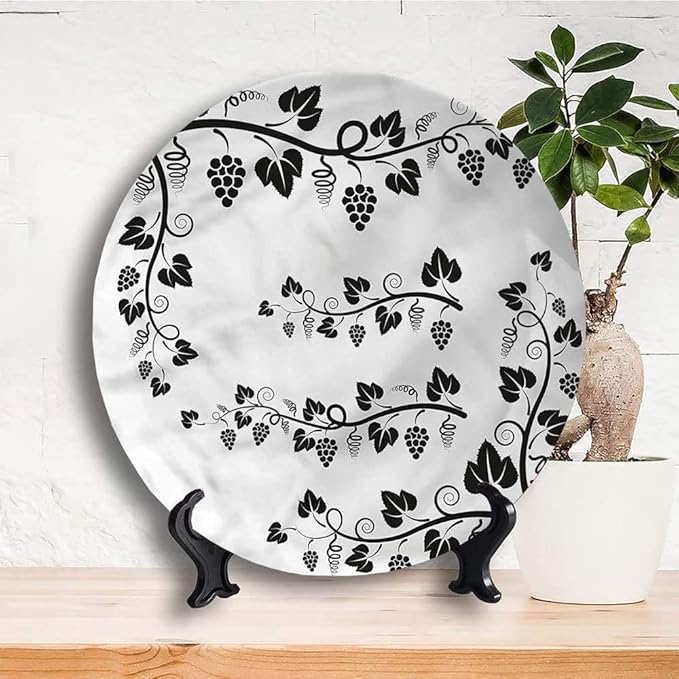 Ceramic Plates, Vine Decorative Ceramic Plates, Grapes with Twigs Swirl Botany, 6 Inch, Household Plates Decorative, Multicolor