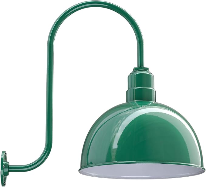 Steel Lighting Co. Hollywood Bowl Light | Outdoor Wall Mounted | 15 inch Bowl Dome | Upslope Gooseneck | Barn Light Made in America | Green Exterior/White Interior