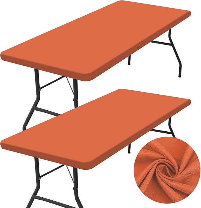 homing 2 Pack Rectangle Table Cloth, Elastic Fitted Fabric Tablecloth Fits for 6 Foot Folding Tables, Washable Table Cover for Picnic, Camping, Indoor & Outdoor (Rust, 30" x 72")