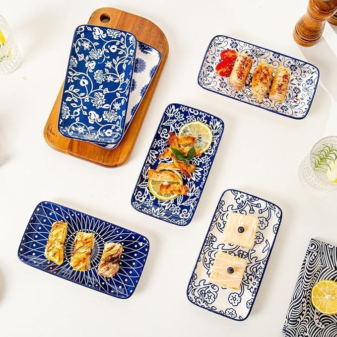 Ceramic Rectangle Salad Plates Set - 8.1" x 4.5" Rectangular Serving Platter - Serving Trays for Sushi Dinner Dessert Pasta Appetizer - Oven Microwave Dishwasher Safe - Set of 6 - Vintage Blue