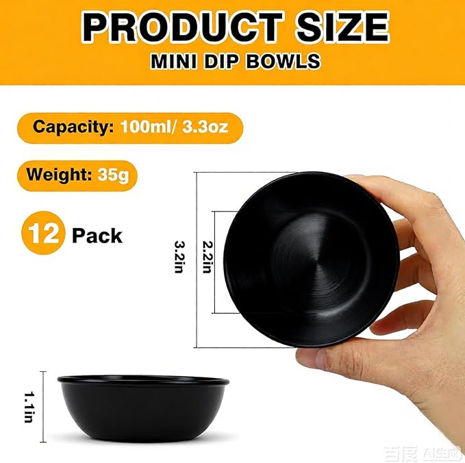12 Pack 3.2 Inch Black Stainless Steel Dipping Bowls – Small Bowls for Dips, Soy Sauce, Condiments, Appetizers, Facial Bowl for Esthetician Use