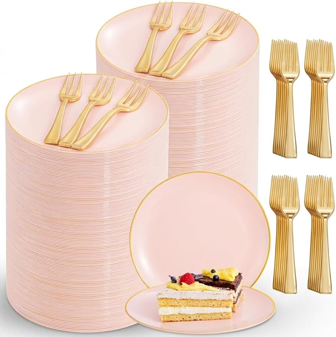 Festiva 400Pcs Pink Gold Dessert Plates 6.3" with Forks 5"- 200PCS Small Disposable Dessert/Cake/Appetizer Plates and 200PCS Forks - Serve 200 Guests for Birthday Party& Wedding &Valentine's Day