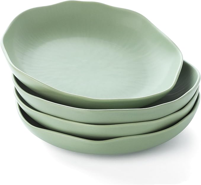 Pasta Bowls Set of 4, Ceramic 24.5oz Serving Salad Bowl, Large 8.5 inch Wide Shallow Soup Bowls with Wavy Rim, Easy to Clean, Oven Microwave Dishwasher Safe for Fruit Pasta Salad Dinner - Green