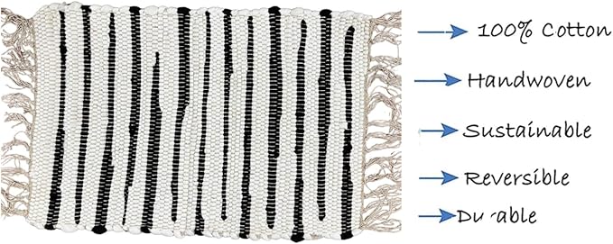 Perilla Home Placemat Set of 4 - Cotton Linen Blend Square Placemats - Farmhouse Rustic Woven Bohemian Machine Washable Table Mats with Tassels for Dining Table Decor (Black & White)