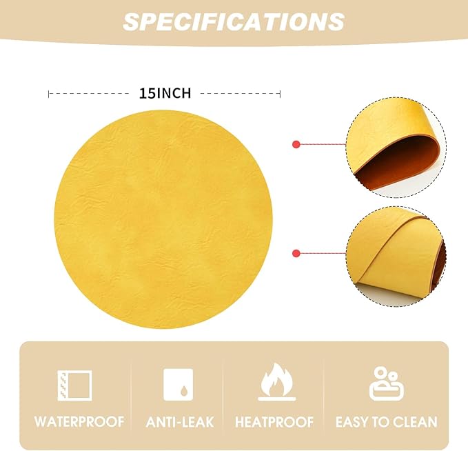 Artoid Mode Yellow Faux Leather Placemats Set of 4, 15 Inch Waterproof Wipeable Heat Resistant Vinyl Place Mats, Reversible Table Mats for Summer Kitchen Dining Decor