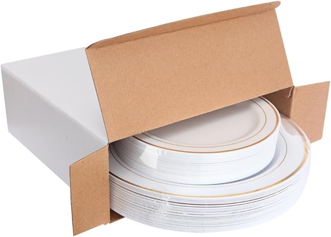 WDF 60PCS White Gold Plates Disposable - Gold Plastic Plates, Including 30-10.25inch Gold Dinner and 30-7.5inch Salad/Dessert for Valentine's Day