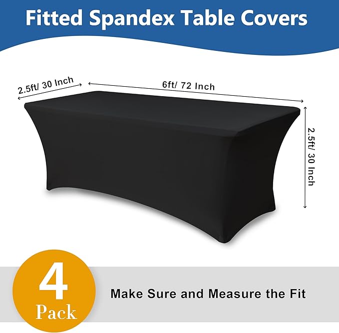 Spandex Table Cover for 6 foot Rectangle Tables-4 Pack Fitted Stretch Black Tablecloth-Elastic 6ft Folding Tablecloths for Party, Vendor Booth Display, Banquet Buffet Event, Craft Trade Show